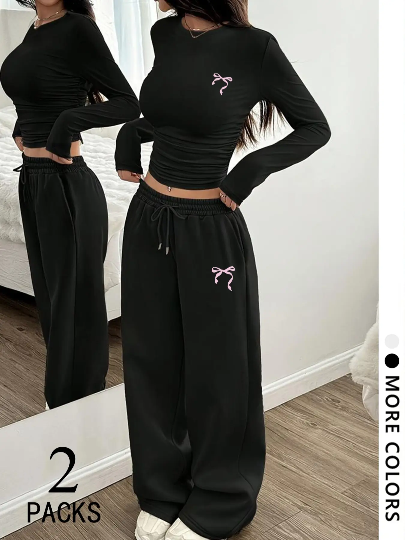 Women's Two-Piece Set, Round Neck Long Sleeve Top, Straight Leg Baggy Pants, Bow Print, Adjustable Drawstring Design, Loose Comfortable Fabric, Casual Style Outfit, Womenswear, Bottom