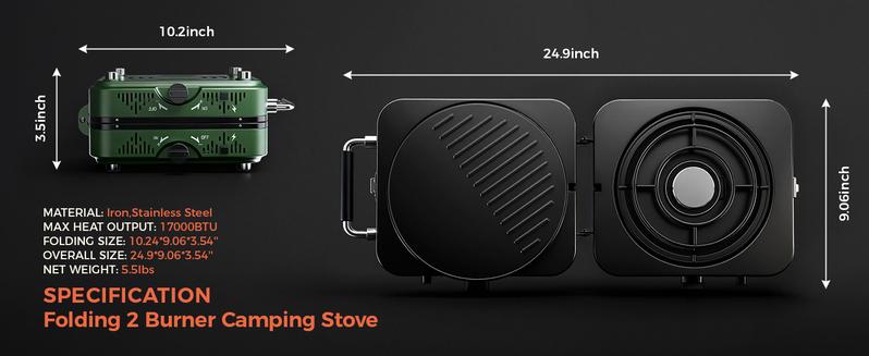 BIG HORN OUTDOORS 2 Burner Propane Camping Stove, Portable Camp Stove, Folding Gas Stove, Includes Frying Pan & Carry Bag for Camping, Emergency Use and Outdoor Cooking