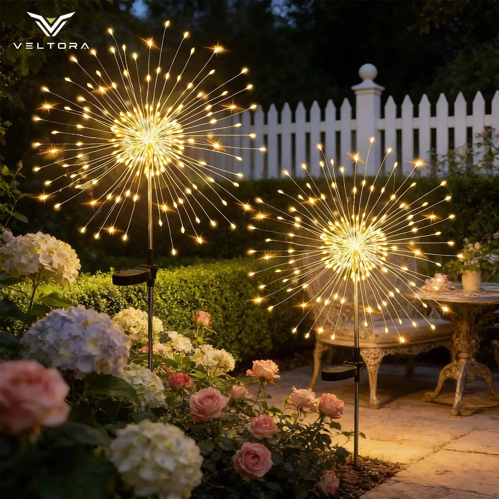 VELTORA 2-Pack 150 LED Solar Garden Lanterns, Warm White Fairy Lights, Firework-Style Outdoor Stake Decor for Patio, Yard, Holiday Display