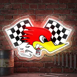 Woody Woodpecker Racing Neon Sign ，Retro Cartoon Garages for Wall Decor, Dimmable,Checkered Flag LED Light for Kids Bedroom Boys Room Playroom Man Cave & Racing Fans