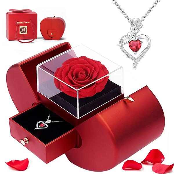 Preserved Real Rose Gift with Red Diamont Necklace,Cute Gifts for Girlfriends,Women,Mother,Wife,Gifts Idea on Mother`s Day,Valentine`s Day,Christmas,Birthday
