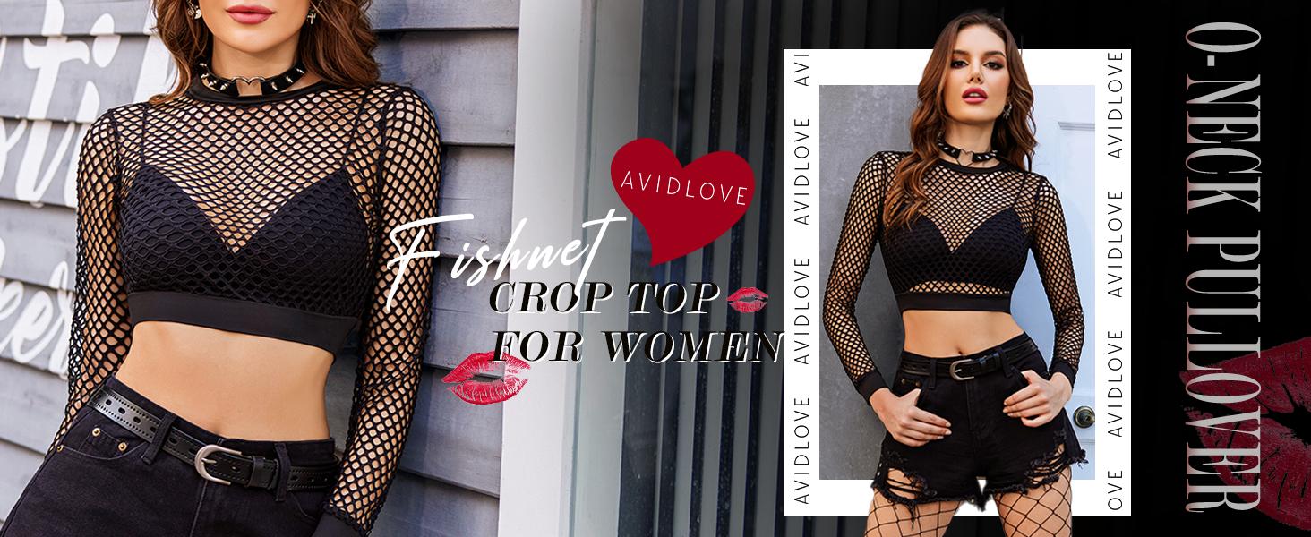 Avidlove Fishnet Top for Women Fishnet Crop Top Long Sleeve Fishnet Shirt Fishnet Long Sleeve Top