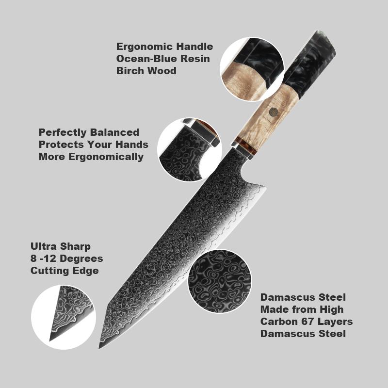 Multifunctional Chef Knife | Black Resin Ergonomic Handle | 8-12° Ultra-Sharp 67-Layer Damascus Steel Blade | Perfect Balance & Hand Protection