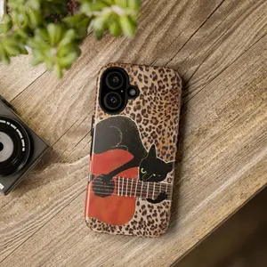 Cool Black Cat with Guitar Tough Phone Case, Stylish Leopard Print Design for Music Lovers, gift for him for her