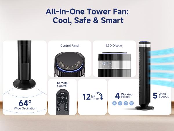 【New】Tower Fan for Bedroom, 28dB Silent Standing Fan with 12H Timer, Smart Auto Mode, 64° Oscillating Bladeless Cooling Fan for Home Office, Black