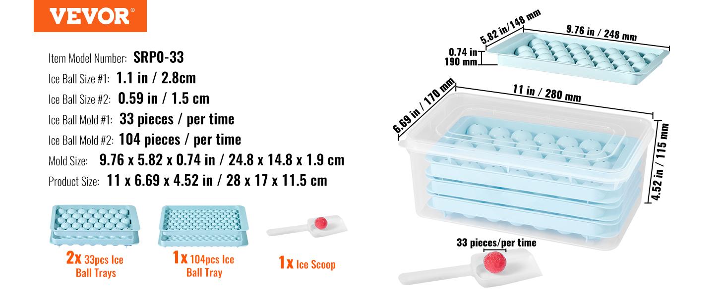 VEVOR Ice Cube Tray, Round Ice Ball Maker for Freezer, 2x33pcs & 1x104pcs Ice Balls, Sphere Ice Cube Making 170pcs Small Ice Chilling Cocktail Whiskey Tea Coffee, 3Pack Ice trays & Ice Bin & Scoop VEVOR Ice Cube Tray, Round Ice Ball Maker for Freezer, 2x33pcs & 1x104pcs Ice Balls, Sphere Ice Cube Making 170pcs Small Ice Chilling Cocktail Whiskey Tea Coffee, 3Pack Ice trays & Ice Bin & Scoop