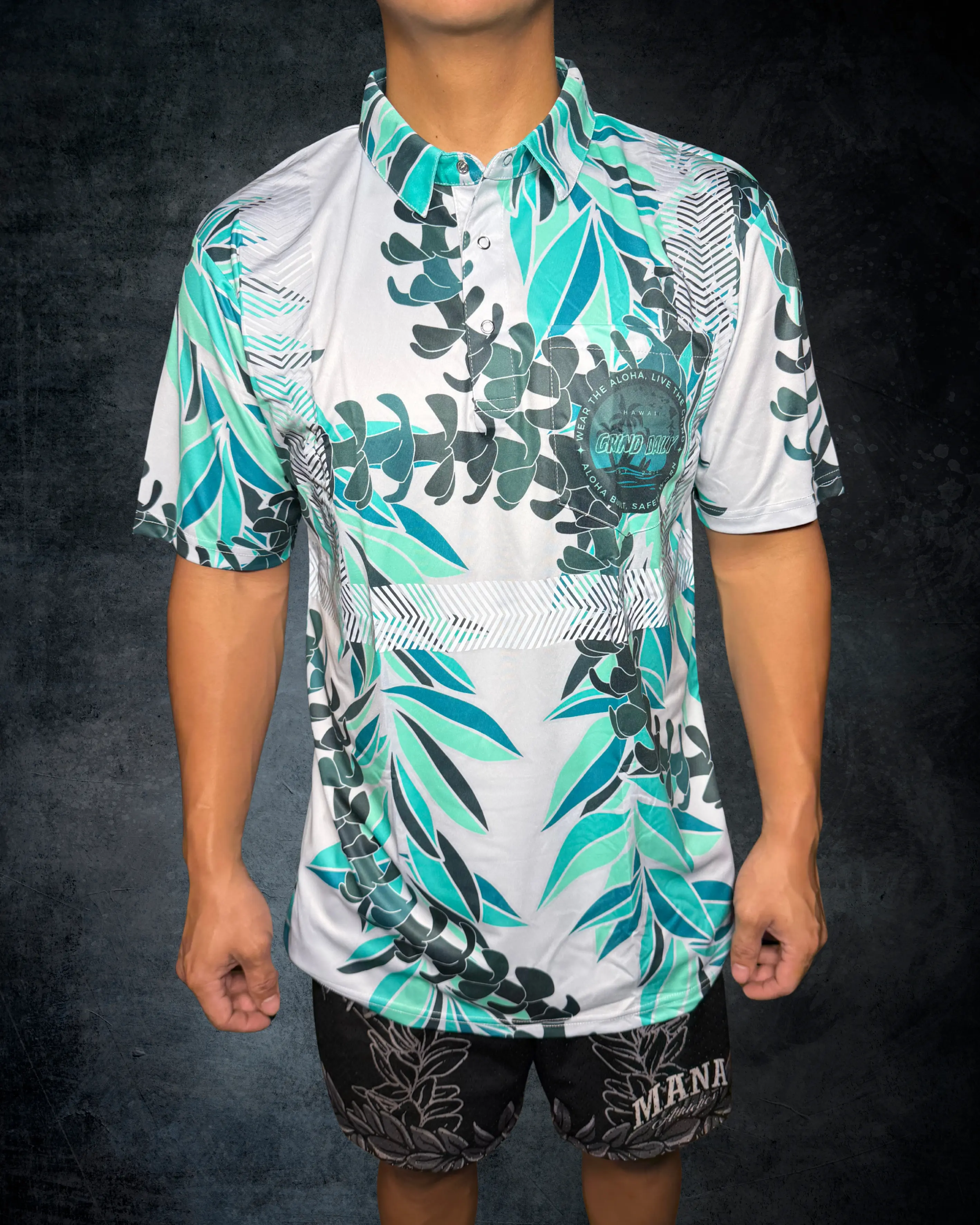 Teal & Grey Maile & Puakenikeni Lei Reflective Polo
