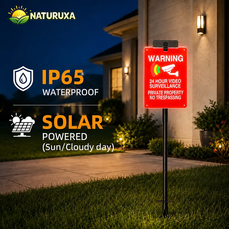 Naturuxa Solar Outdoor Light Garden Warning Sign with Fake Camera, IP65 Rated, Waterproof Rustic Decor, Ground/Wall-Mounted Intruder-Deterrent for Ranches, Vacation Homes