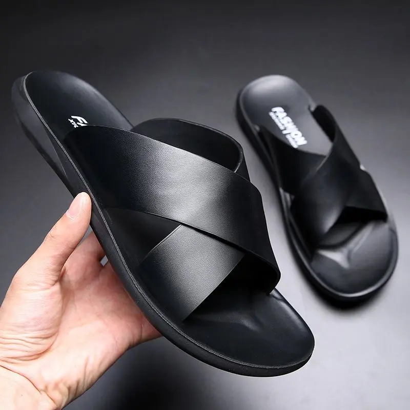 Men's Lightweight Slip On Walking Sandals with Cross-Strap Design, Leather-Look Uppers and Durable Non-Slip Sole for Active Wear, Walking Shoes, Footwear