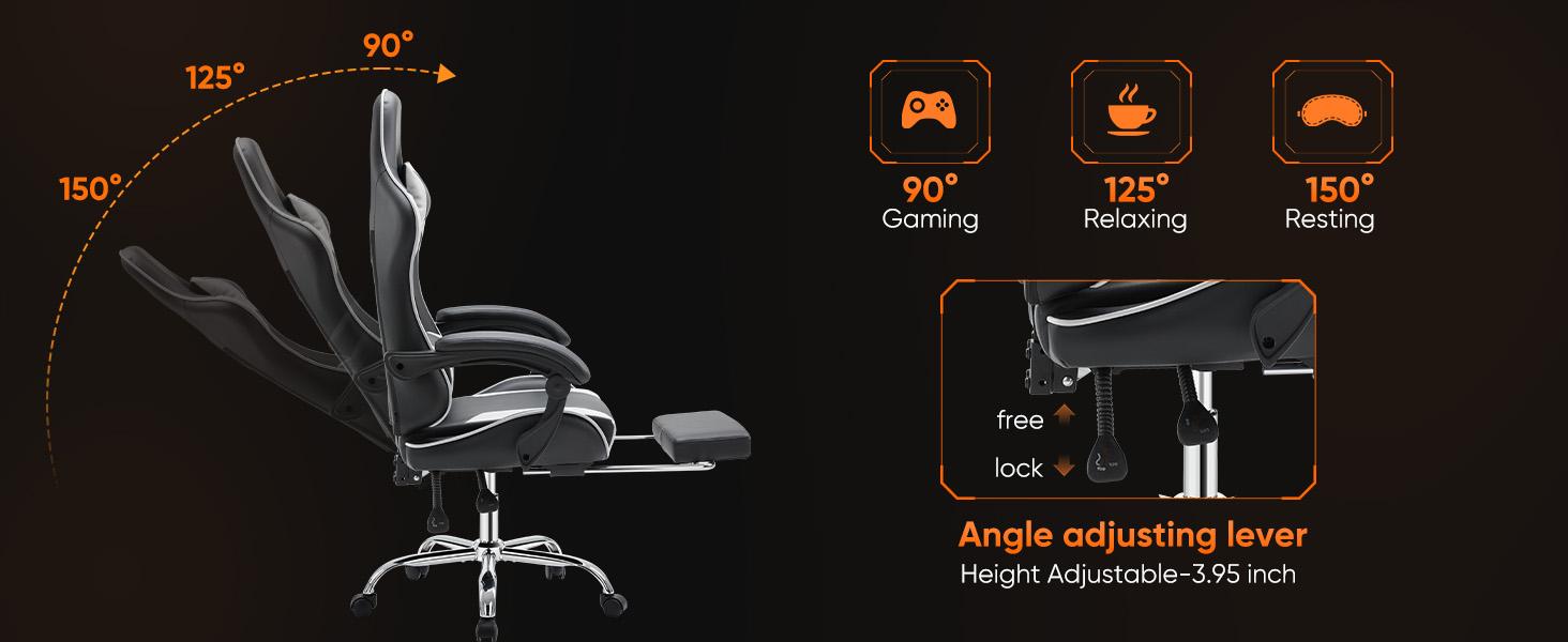 Height-Adjustable Gaming Chair with Footrest, 360° Swivel Seat, Headrest for Office or Gaming Use