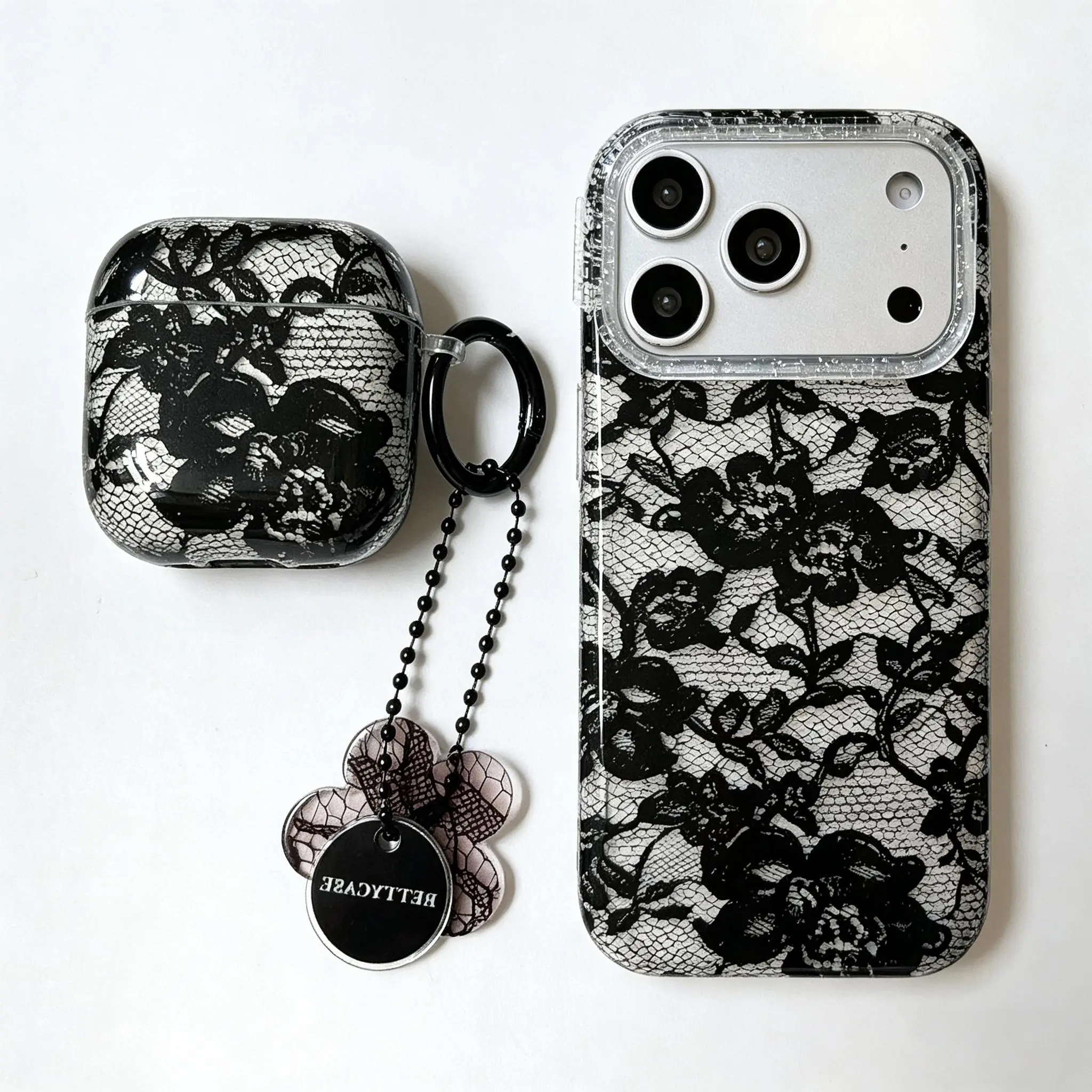 (Case & Nova.) Elegant Lace Floral Phone Case & AirPods Case Set, Compatible with iPhone 17 Pro Max, 16, 15, 14, 13, 12 & AirPods 4, 3, Pro 2, 1, Cute Shockproof Protective Cover with Charm junk Rustic Silicone designer