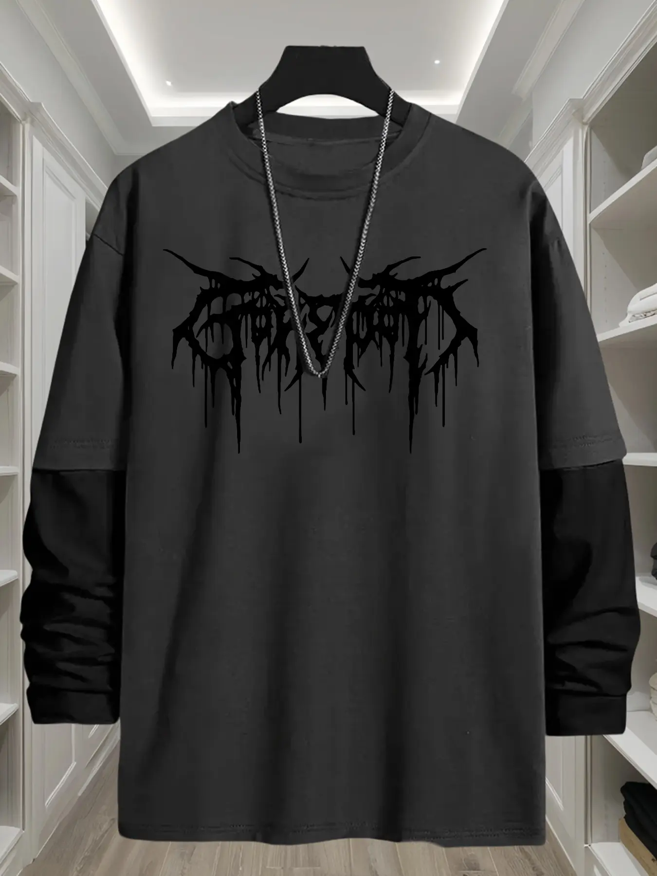 Gothic Text Halloween Geometric Element Loose Long Sleeve Round Neck Graphic T-Shirt, Gothic Clothes, Fashion Street Casual Style, Comfortable Trendy Top Gift, Classic