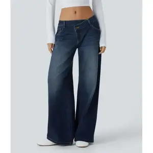 Asymmetric Low Rise Zipper Pockets Baggy Wide Leg Washed Casual Jeans#2025#fall#fallfasion