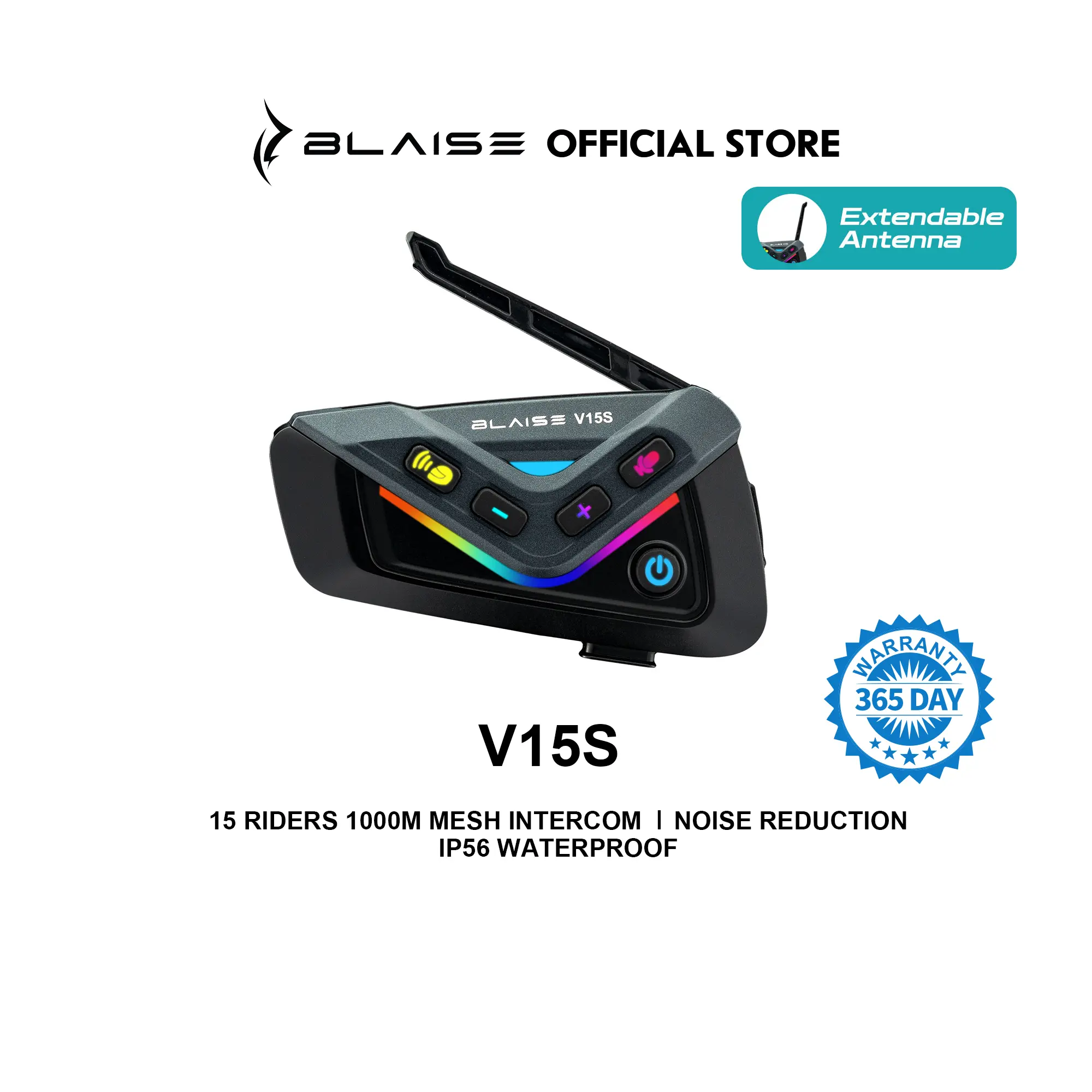 Blaise V15S Motorcycle Bluetooth Headset, 15-Rider MESH Intercom, Range 1000m, Dual-Chip Crystal Clear at 70mph  with ENC Noise Reduction, 25H Battery & IP66 Waterproof, ️ Music Sharing