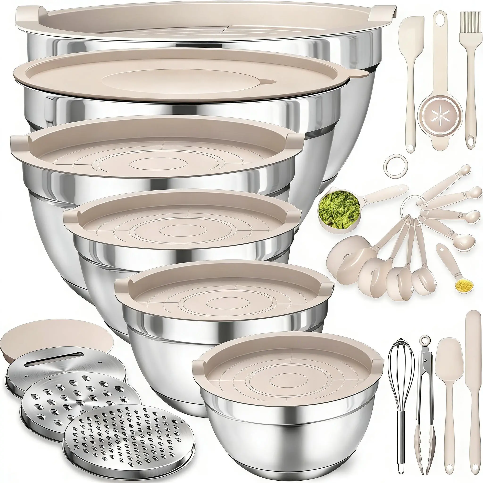7-Pc Stainless Steel Nesting Bowls Set with Lids, Graters, Whisk, Spatulas - Bakeware, 7‑Pc Mix & Grate, Space-Saving Kitchenware, Everyday Cooking Essentials