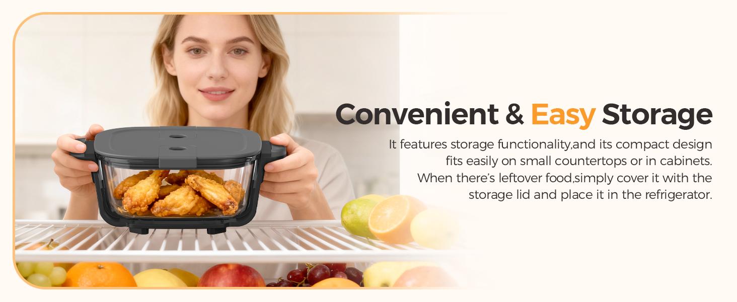 1500W 5-in-1 Glass Air Fryer Non-Toxic - 4Qt Pot+6Cup Container with Lid & Dust Cover, Portable Smart Kitchen Appliance Silicone Pad Included