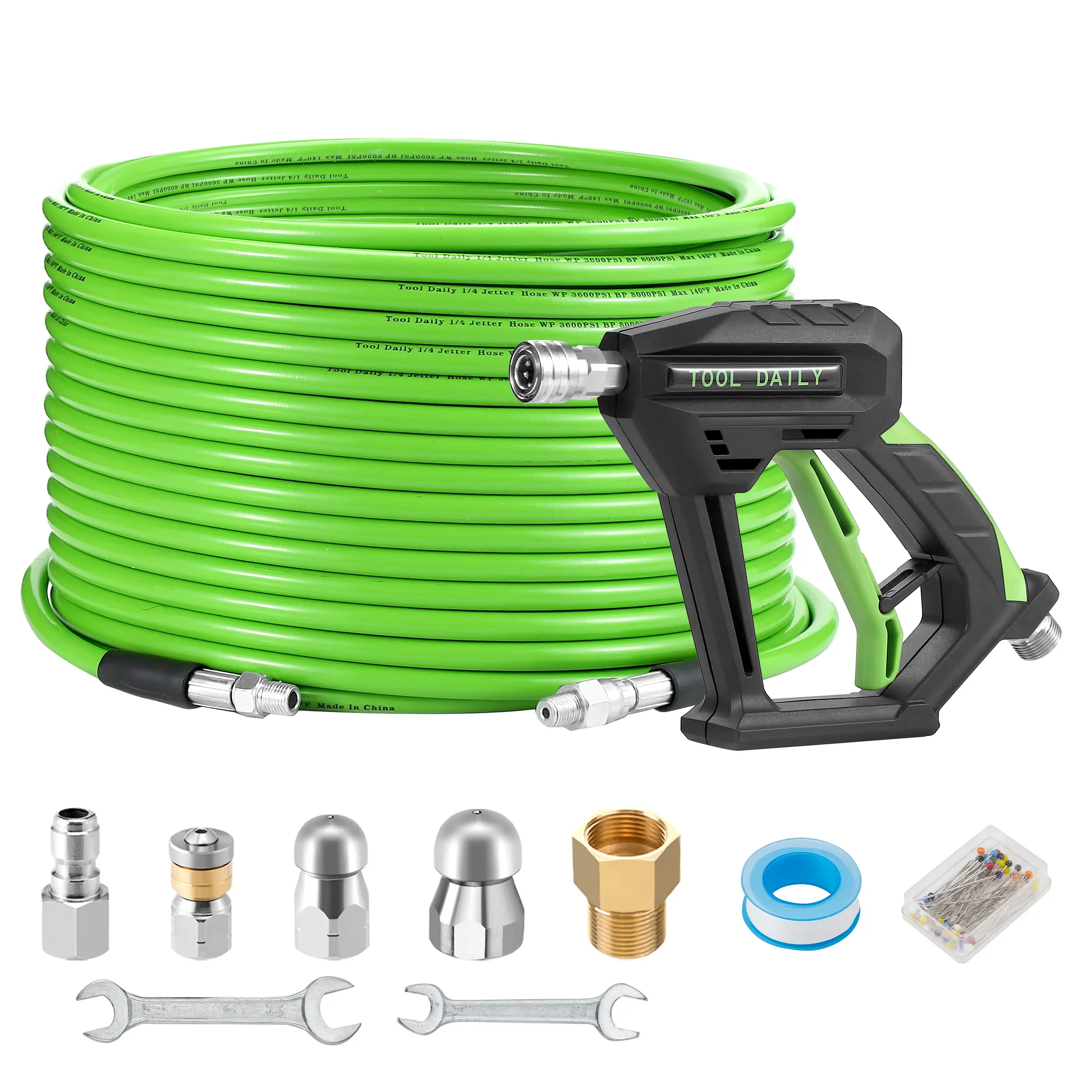 Tool Daily Power Washer Sewer Jetter Kit - 100 FT Heavy Duty Hose, Short Spray Lance, 1/4 Inch NPT Sewer Jetting Nozzle, 3600 PSI Drain Cleaning Tool, Pressure Washer, Tools And Gadgets, Work Tools
