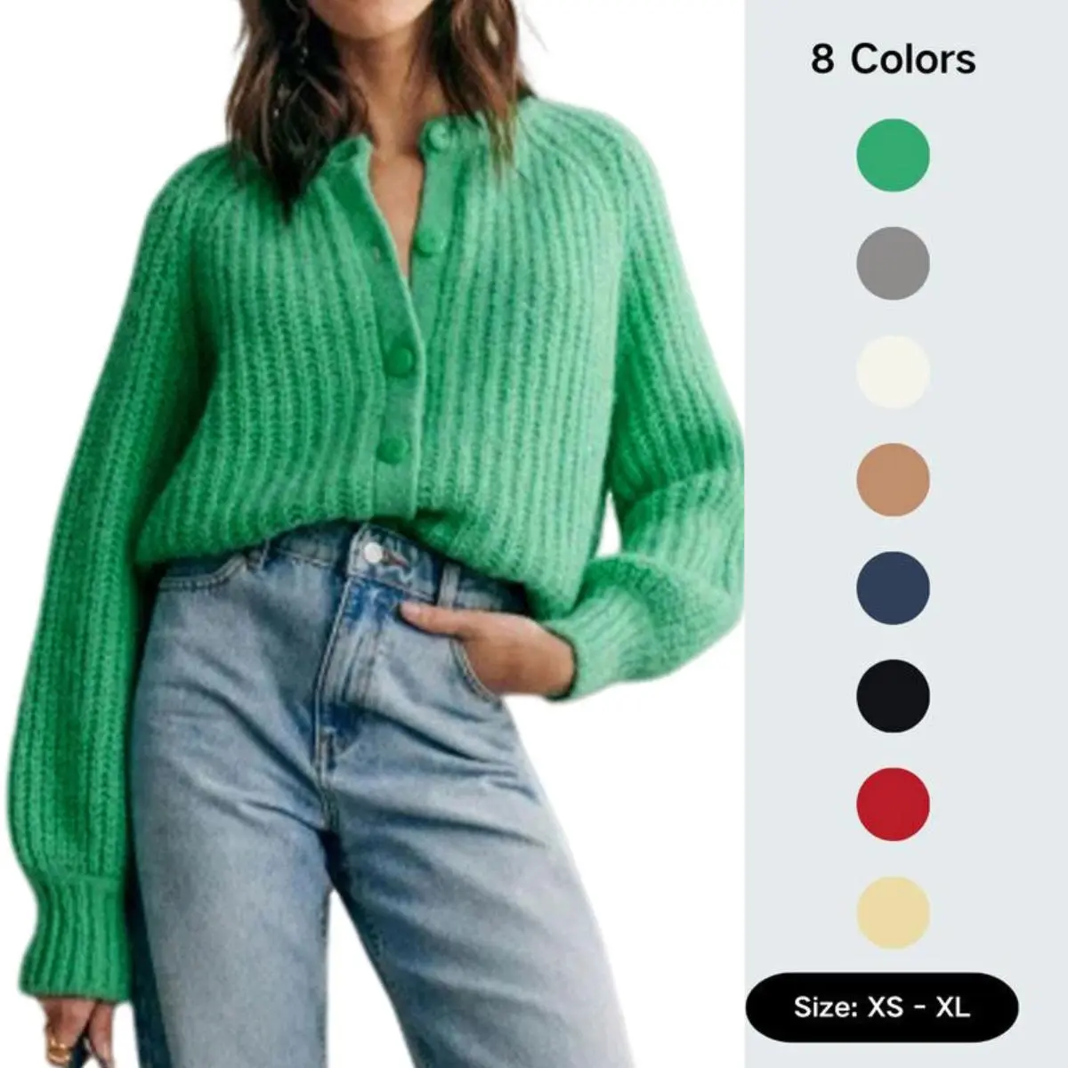 Yeokou Women's Basic Curvy Women Plus Size Long-Sleeve Crew Neck Knit Cardigan - Buttoned Casual Outwear Tops for Chinese New Year, Easter, Knitwear, Oversize, Casual Chic, Puff Sleeve, Button Front, Work, Round Neck