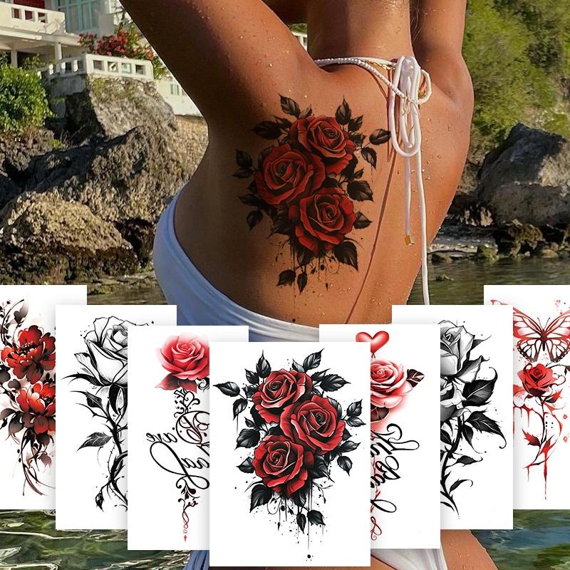 7pcs Red Temporary Rose Flower Arm & Leg Tattoo Stickers, Sexy Stripper Chest & Thigh Design, Waterproof, Perfect For Women