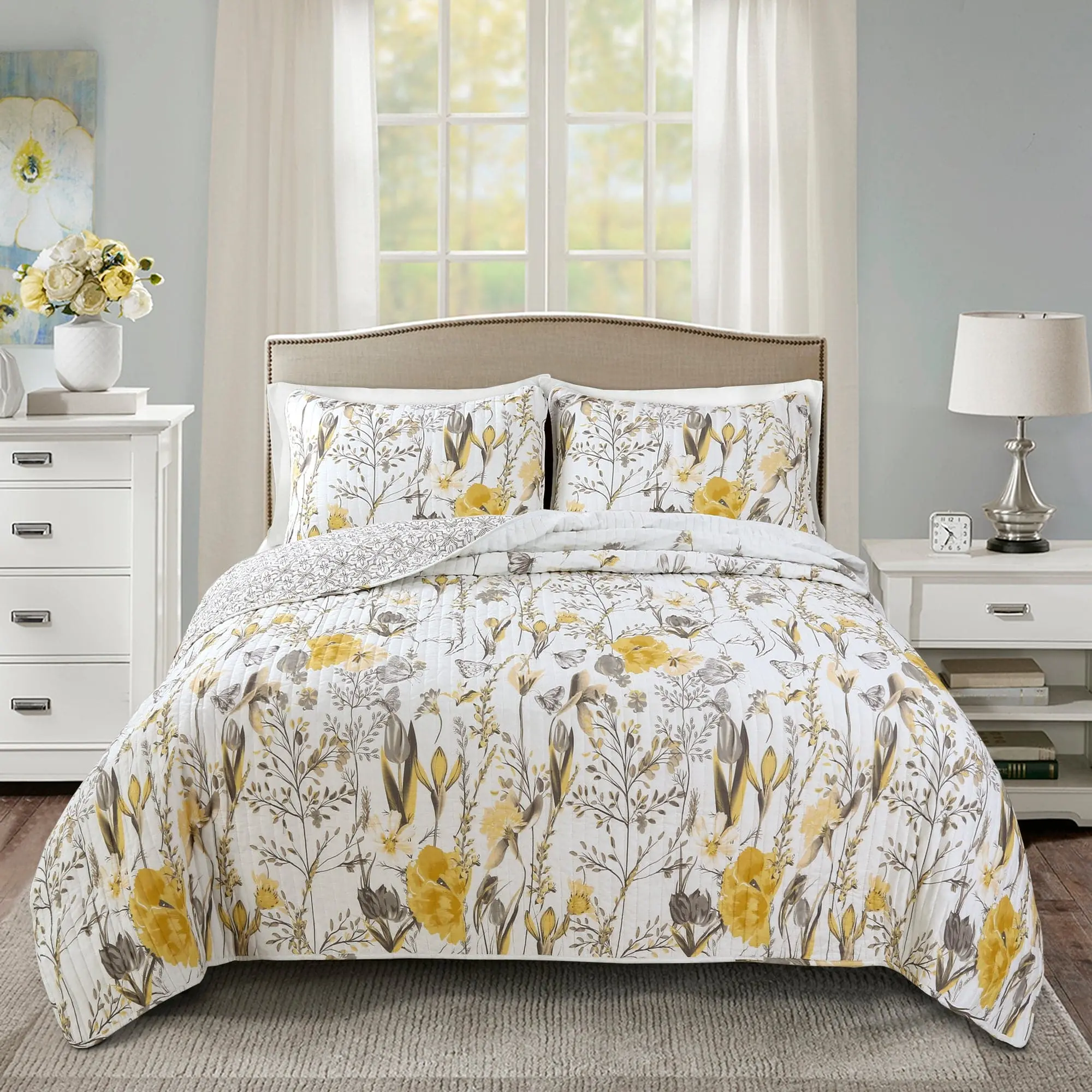 Lush Decor Adalia 3-Piece Flower Quilt Set Bedding - Full/Queen/King Sizes, Floral Print & Geometric Pattern, 100% Cotton, Reversible, OEKO-TEX Certified, Machine Washable, Bedroom Decor Ideas Bed Set, Flower Quilt Sets