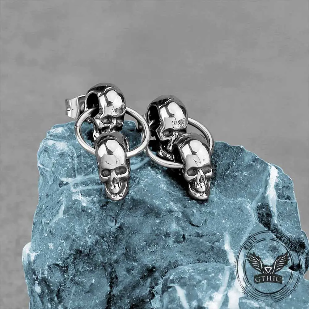 GTHIC Retro Double Skull Stainless Steel Stud Earrings Vintage Gothic Jewelry for Men Women Daily or Party Wear
