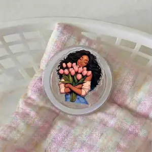 Happy Black Girl With Flowers Phone Grip, Cute Pop Socket For Book Girl, Aesthetic Phone Grip For Kindle And Book Lovers
