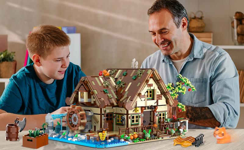 Wood Cabin Building Set with LED Light, 2570 PCS Wooden Forest House Mini Building Block Toy with Waterwheel Pond Animals, Big House Construction Model for Adults Teens Kids Boys Girls 10-12+