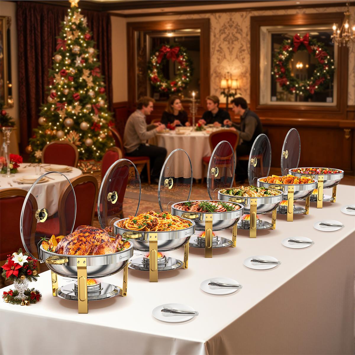 WARMOUNTS Chafing Dish Buffet Set, Glass Lid 5QT 2/4/6 Pack Gold Accent Stainless Steel Chafers and Buffet Warmers Sets with Lid & Lid Holder for Parties Catering Events Weddings Banquets