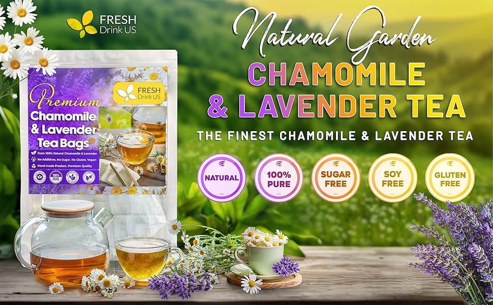 【FreshDrinkUS】 60 Chamomile Lavender Tea Bags, 100% Natural Ingredients, Hand-made Blend of Chamomile and Lavender Flowers, Eco-conscious Tea Bags. Chamomile Lavender Herbal Tea. No Sugar, No Caffeine, No Gluten, Vegan. Beverage