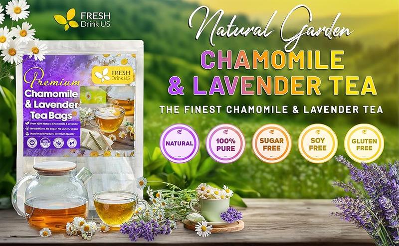 60 Chamomile Lavender Tea Bags, 100% Natural Ingredients, Hand-made Blend of Chamomile and Lavender Flowers, Eco-conscious Tea Bags. Chamomile Lavender Herbal Tea. No Sugar, No Caffeine, No Gluten, Vegan. Beverage