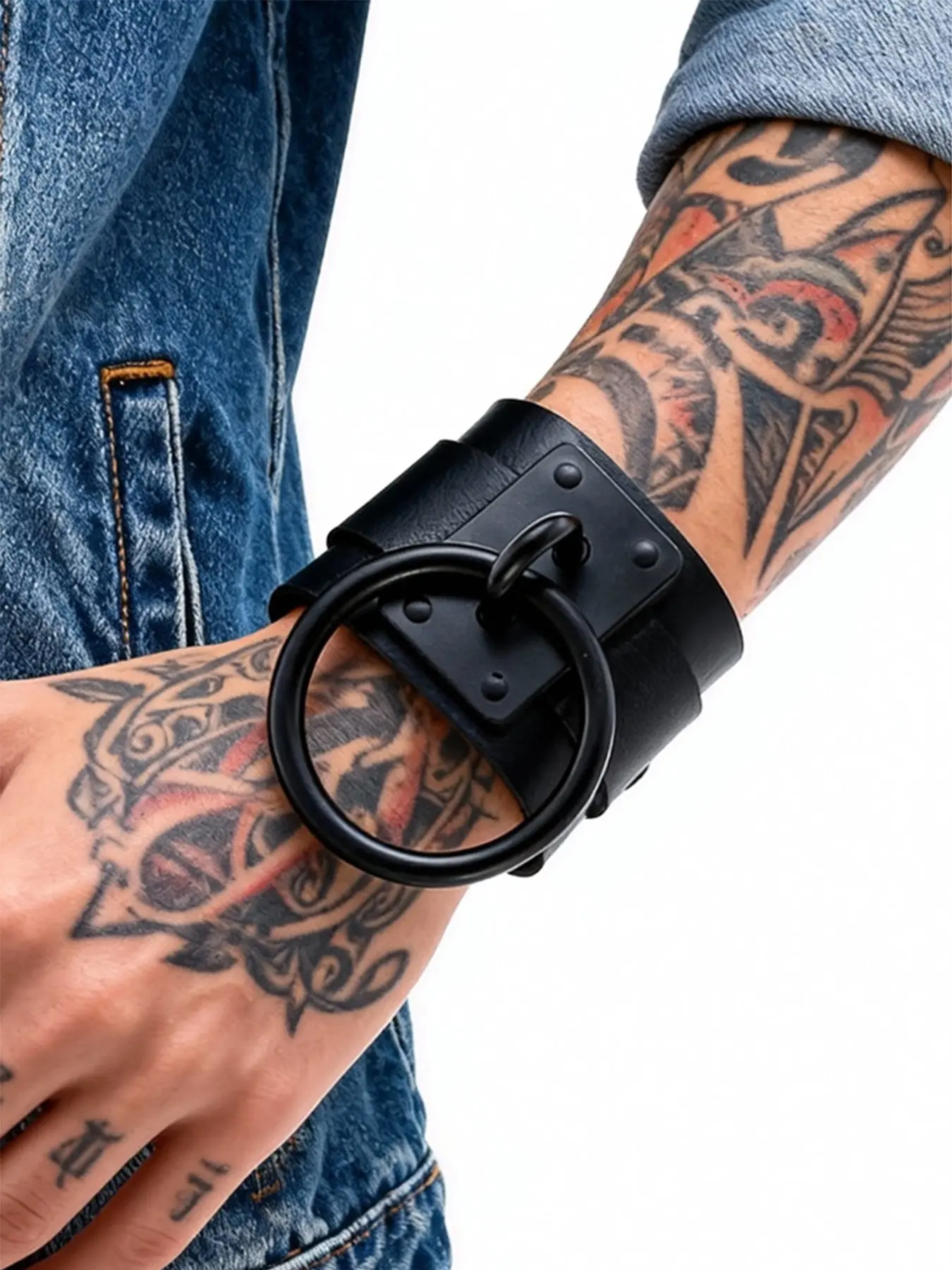 Double Layer Leather Bracelet, Double Layered Bracelets, Punk Style Metal Large Ring Wide Band, Dark Personality Jewelry, Gothic Jewelry, Unisex Versatile Wristband, Sweet Cool Decor, Stackable Bracelets