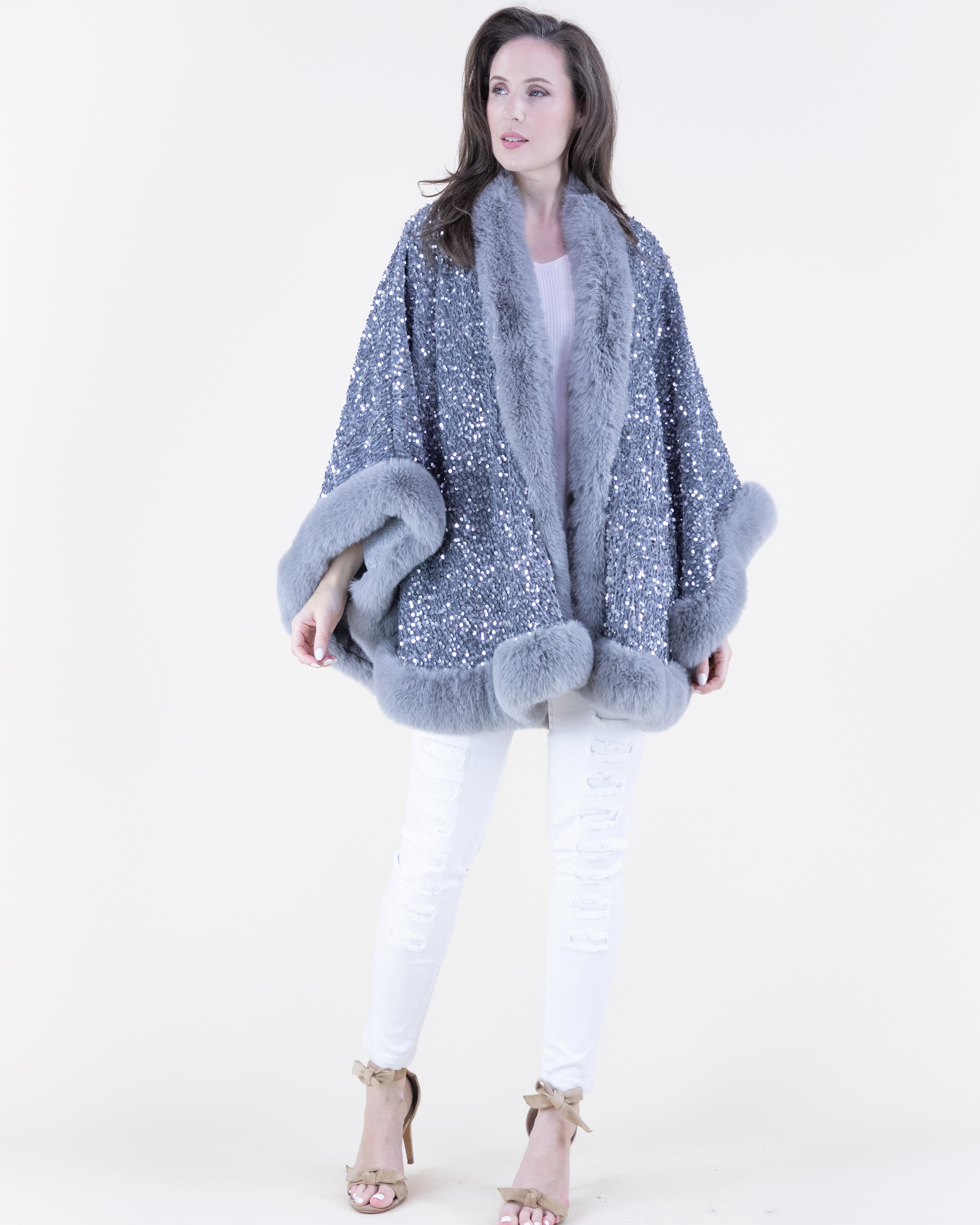 Women's Luxurious Sequin Faux Fur Trimmed Evening Cape Poncho - Elegant Outerwear for Special Occasions Women's Luxurious Sequin Faux Fur Trimmed Evening Cape Poncho - Elegant Outerwear for Special Occasions