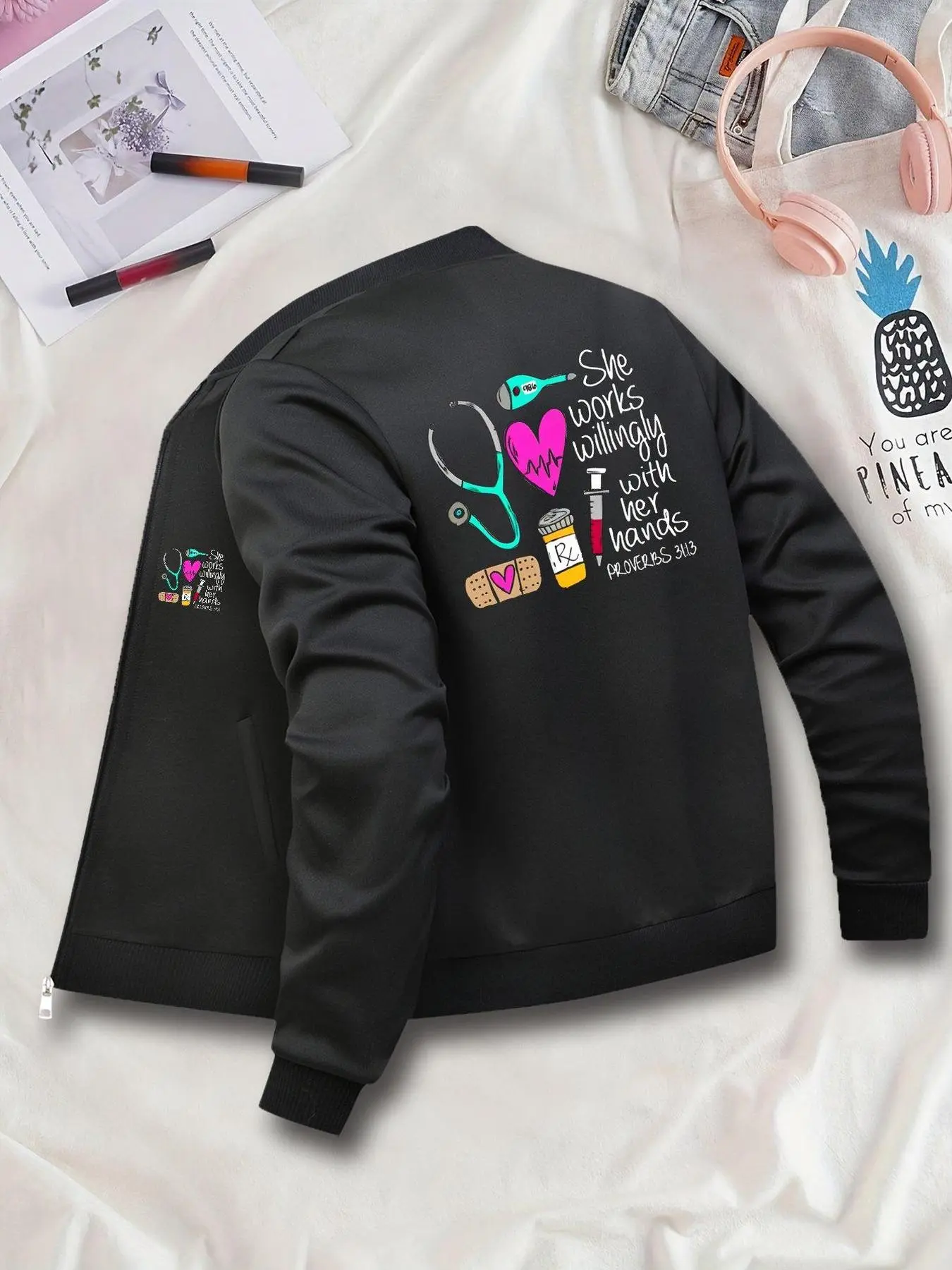 Women's Casual Zipper Knitting Jacket Coats, Long Sleeve, She Works Willingly Print, Fitted Style, All Seasons Wear, Fashionable Ladies Casual Cute Outerwear, Everyday Jackets, Aesthetics