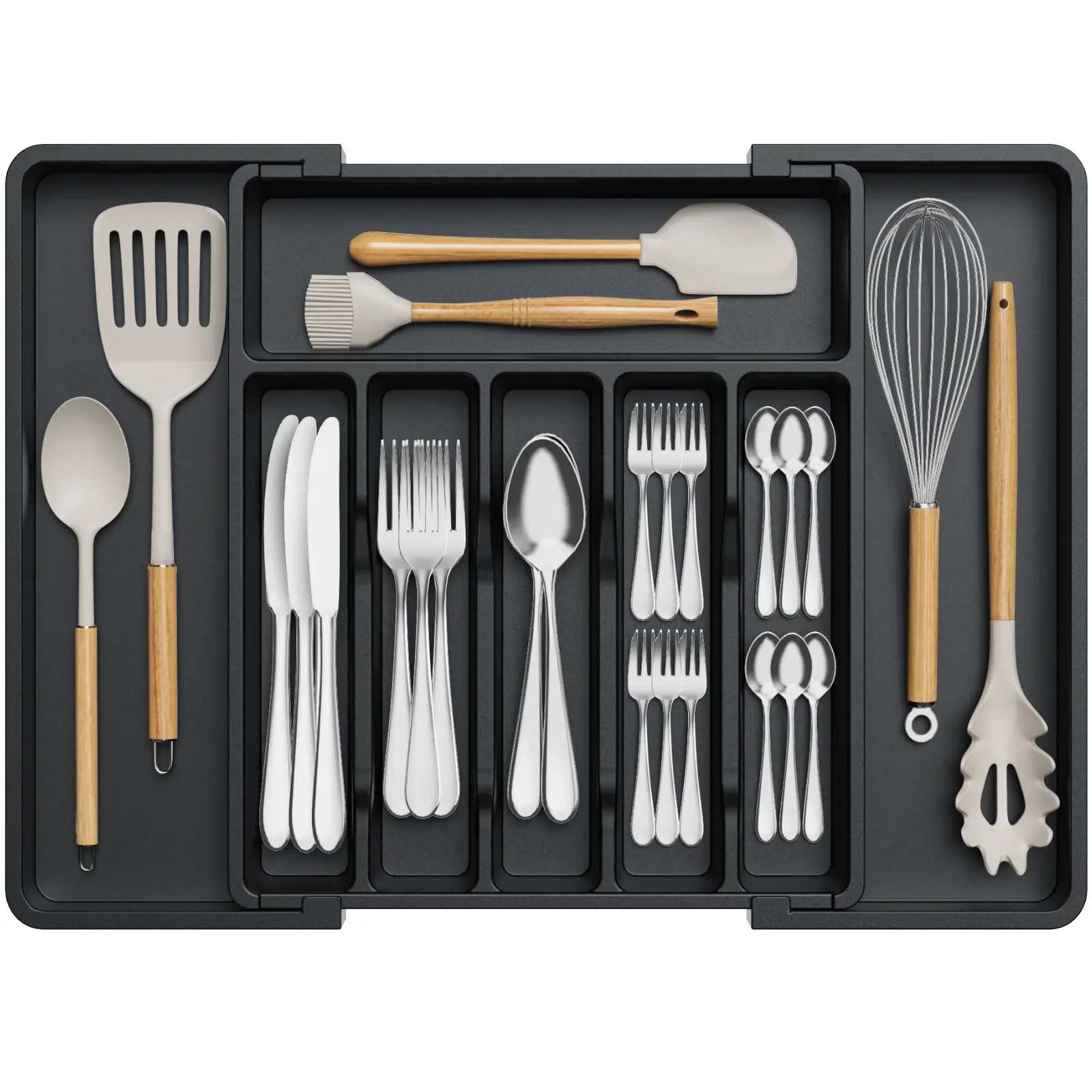 Lifewit 7/8 Compartments Expandable Silverware Drawer Organizer for Kitchen Drawers - Tableware, BPA-Free PP Material Boxes Utensil Adjustable Storage Black