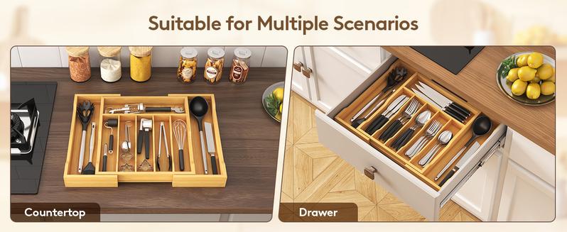 Lifewit Silverware Drawer Organizer, Expandable Utensil Tray for Kitchen, Bamboo Flatware & Cutlery Holder, Sturdy Wooden Design
