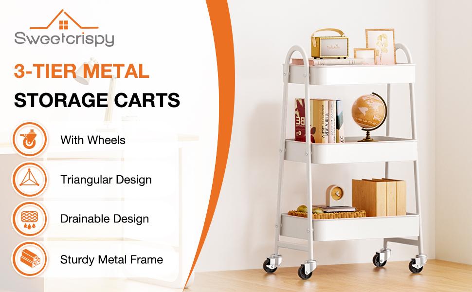 3 Tier Small Rolling Cart,Metal Utility Storage Organizer Mobile Shelving Unit with Caster Wheels for Snack Bedside Narrow Places