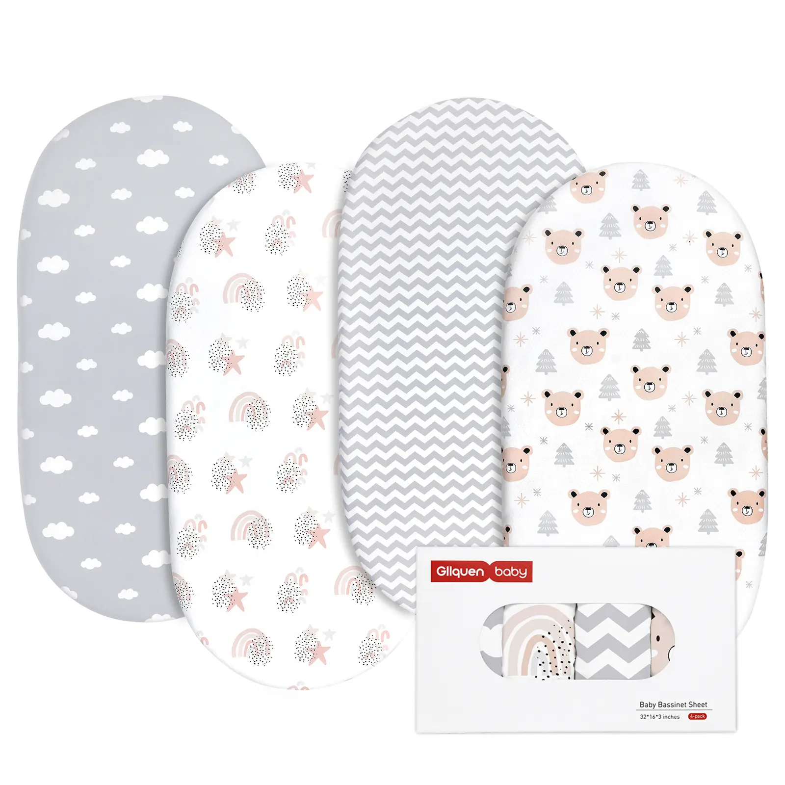 Baby Bassinet Sheets 4 Pack, Breathable Cozy Fitted Mattress Sheet, Elastic Travel Crib Fashionable Pattern, Standard Cradle Safe Sheets for Baby Boys Girls 32"x16"