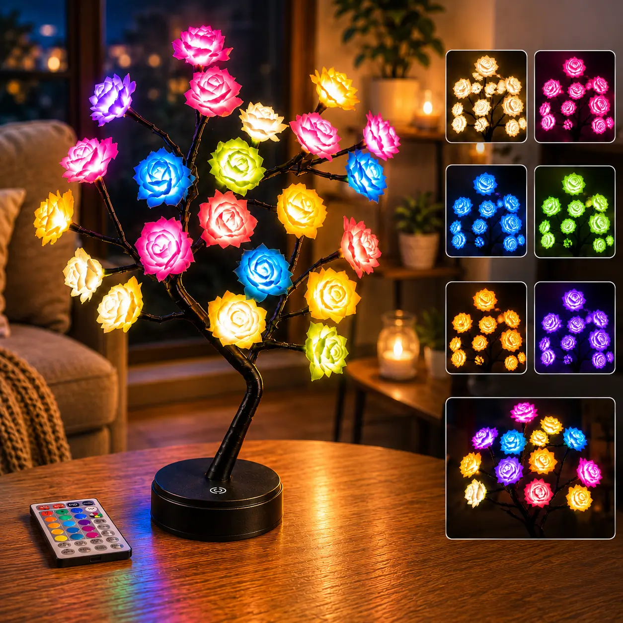 1pc Tree-Shape Rose Flower LED Night Light, Dimmable RGB Color-Changing Lamp with Remote & Timer Control, USB/Battery Powered for Camping & Indoor Room Decor