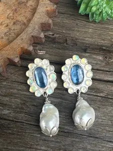 Moonlit Pearl Earrings - Sterling Silver Kyanite Opal And Freshwater Pearl Cluster Post Earrings