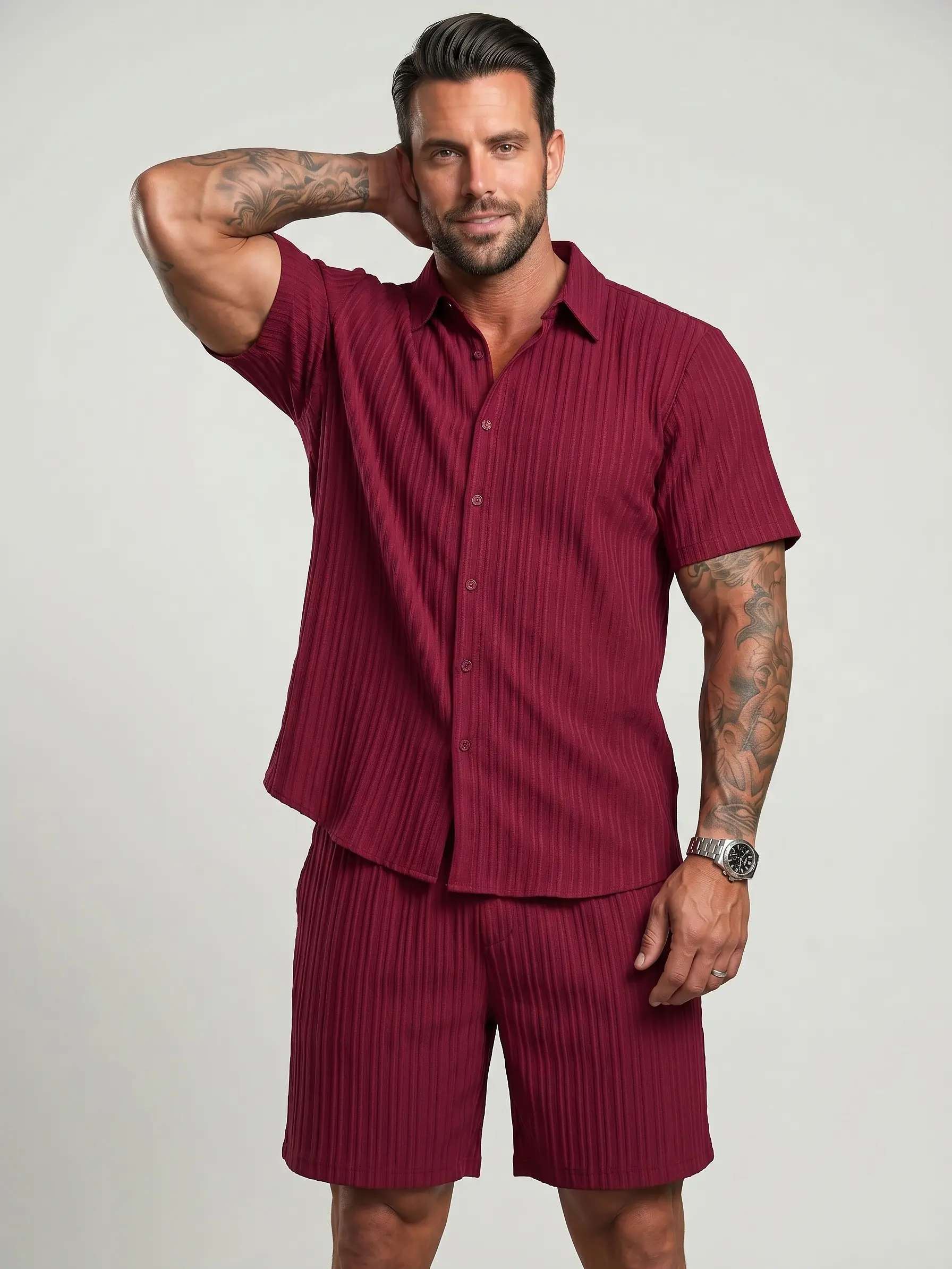 KZZ Two-Pieces Men's Outfits Set, Regular Fit Solid Textured Button Shirt & Drawstring Waist Shorts, Back-to-school Clothing, Casual Boho Summer Outfits for Beach Vacation Outdoor christmas gifts for him