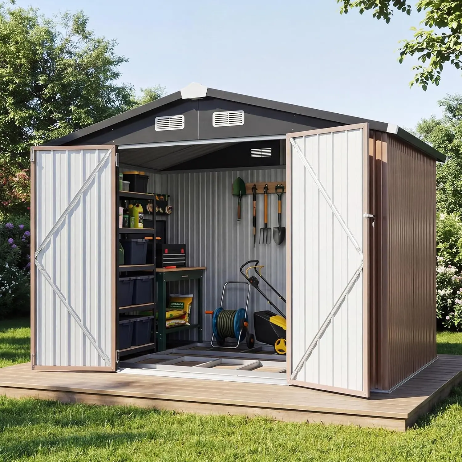 Storage Shed Metal Brown 6×4/8x6/10×8/10×12 Base Galvanized Steel for Garden, Moisture-Proof Floor & Ventilation, Sloped Roof for Bike/Generator/Tool Storage (Brown) Heavy Duty Shed