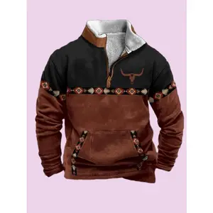 Sudadera Vaquera Azteca para Hombre con Toro, Cremallera 1/4 y Bolsillo Frontal, Estilo Occidental de Otoño