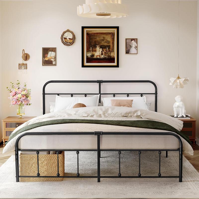 VECELO Classic Metal Platform Bed Frame Mattress Foundation with Victorian Style Iron-Art Headboard/Footboard/Under Bed Storage/No Box Spring Needed/Queen Size Black