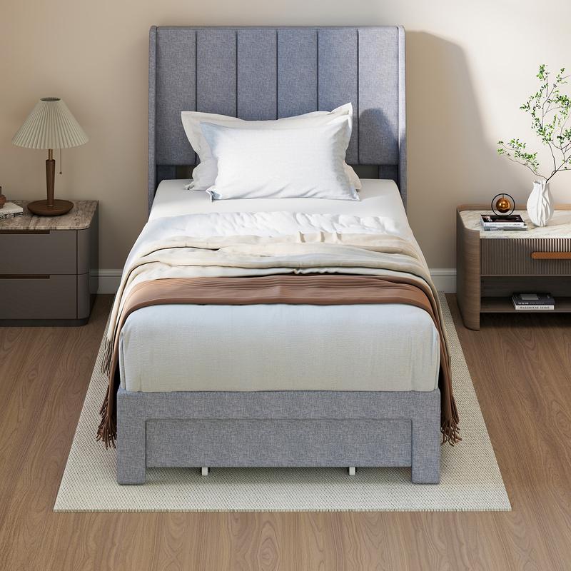 Linen Upholstered Platform Bed with 2 Drawers, Storage Bed Frame With Tufted Headboard