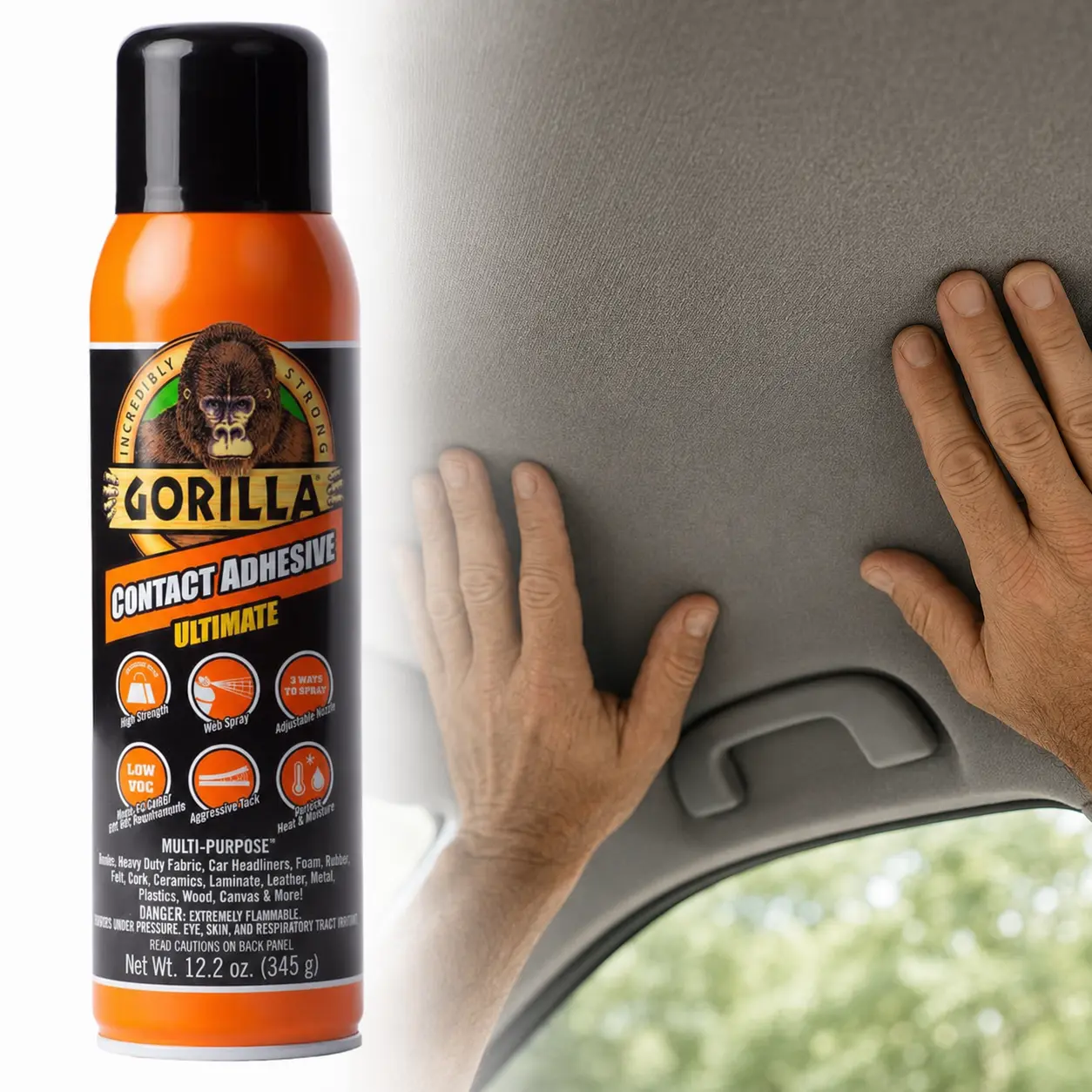 Gorilla 12.2 oz. Contact Adhesive Ultimate Spray,permanent bond,aggressive tack,3-way nozzle,web spray,anti-clog,low VOC,heat resistant,moisture resistant,5-minute set,car headliner,heavy fabric,foam,felt,cork,laminate,leather,metal,plastic,plywood,canvas