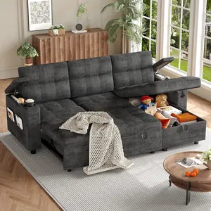 Dark Grey Couches for Living Room, 84'' Sofa Bed，l-Shaped Sectional Sleeper Sofa with Pull Out Bed，Reversible Storage Chaises， Hidden Storage Armrests，Cup Holders & USB Charging Ports