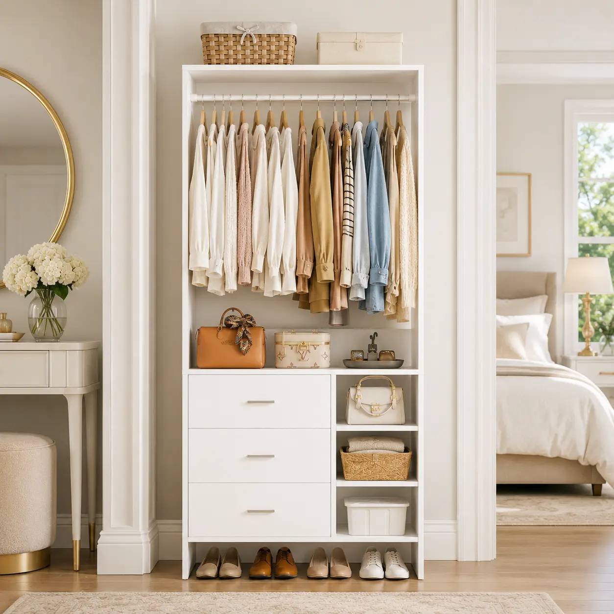 Wood Closet Organization Wardrobe with 3 Drawers - Heavy Duty Dresser Alternative, Aesthetic Renter Friendly Closet System Freestanding Closet Organizer
