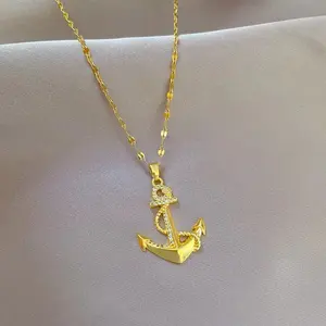316L Stainless Steel Golden Zircon Anchor Pendant Necklace Fashion Clavicle Chain for Women