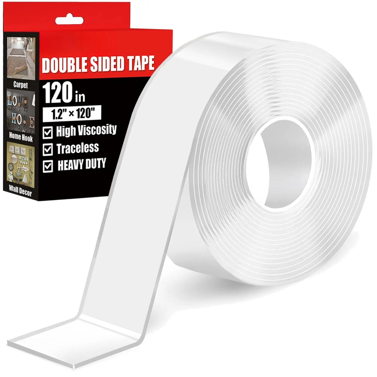 Double Sided Heavy Duty Extra  Adhesive Tape - 1.2 Inch x 10  - Removable Nano Tape for Poster Carpet Picture  Strip Rug Wall Outdoor - Adhesive Multipurpose Clear Mounting Tape