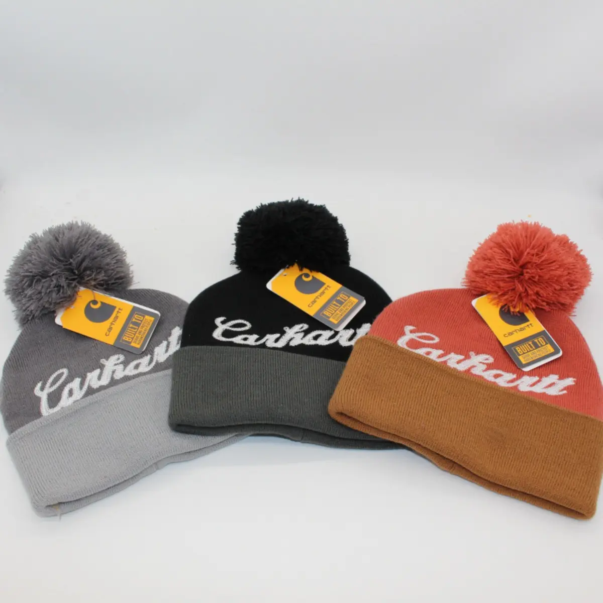 Carhartt Pom Pom Knit Beanie, Embroidered Logo Cuffed Winter Hat Unisex Streetwear Warm Knitted Cap